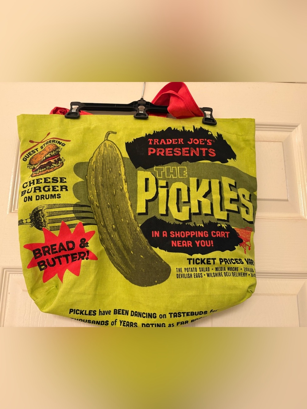 Trader Joe's The Pickles Lime Green Reusable Tote Bag with Red Handles